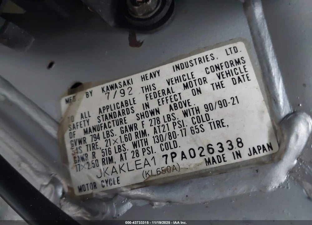 1993 KAWASAKI KL650 VIN: JKAKLEA17PA026338