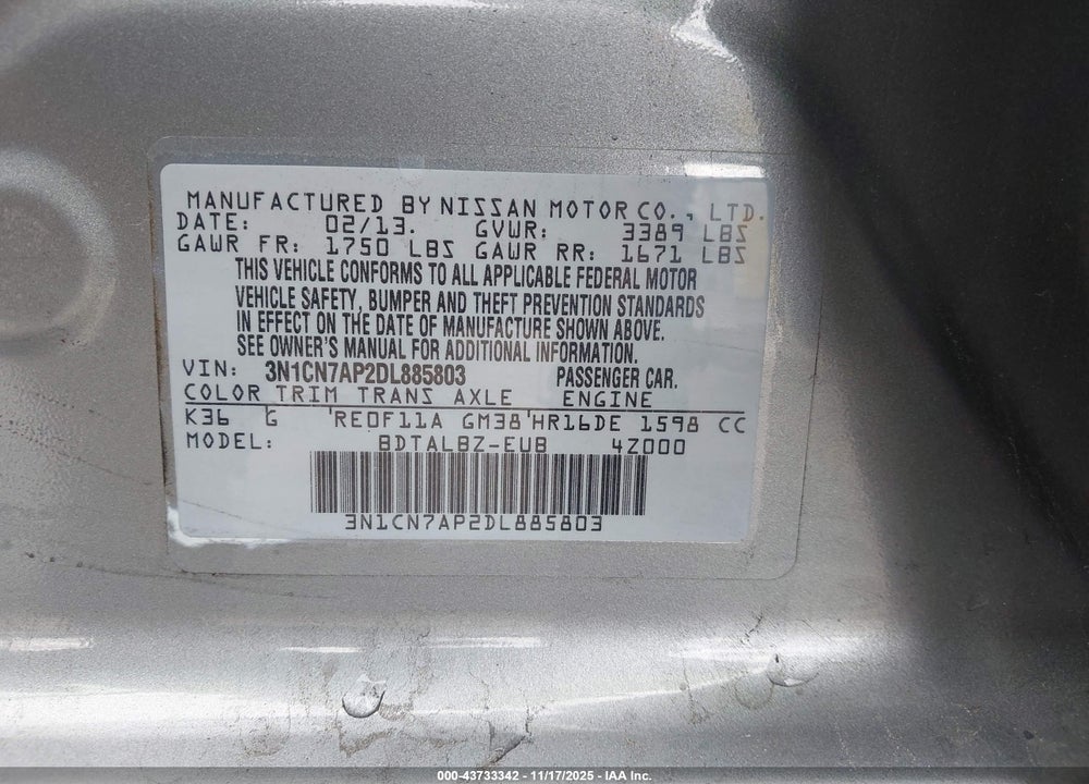 2013 NISSAN VERSA 1.6 SV VIN: 3N1CN7AP2DL885803
