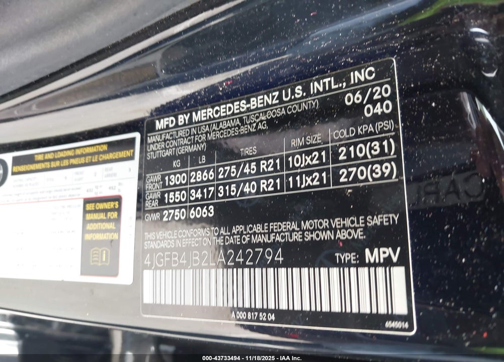 2020 MERCEDES-BENZ GLE 350 VIN: 4JGFB4JB2LA242794