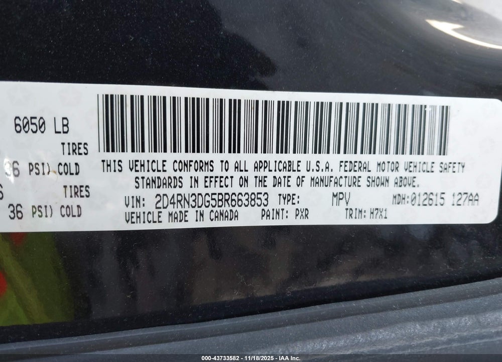 2011 DODGE GRAND CARAVAN MAINSTREET VIN: 2D4RN3DG5BR663853
