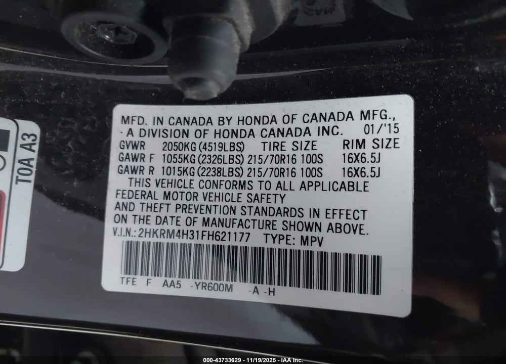2015 HONDA CR-V VIN: 2HKRM4H31FH621177