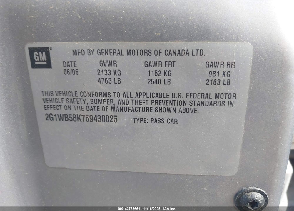 2006 CHEVROLET IMPALA VIN: 2G1WB58K769430025