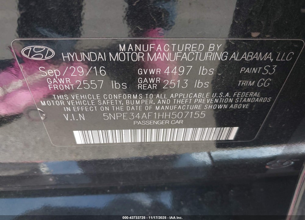 2017 HYUNDAI SONATA LIMITED VIN: 5NPE34AF1HH507155