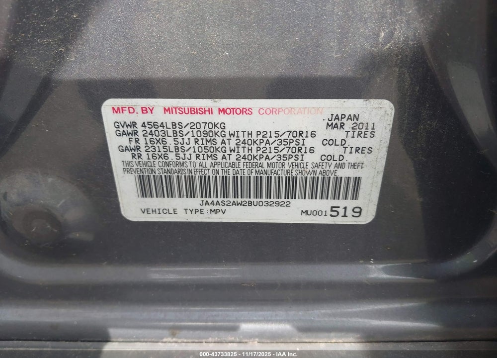 2011 MITSUBISHI OUTLANDER ES VIN: JA4AS2AW2BU032922