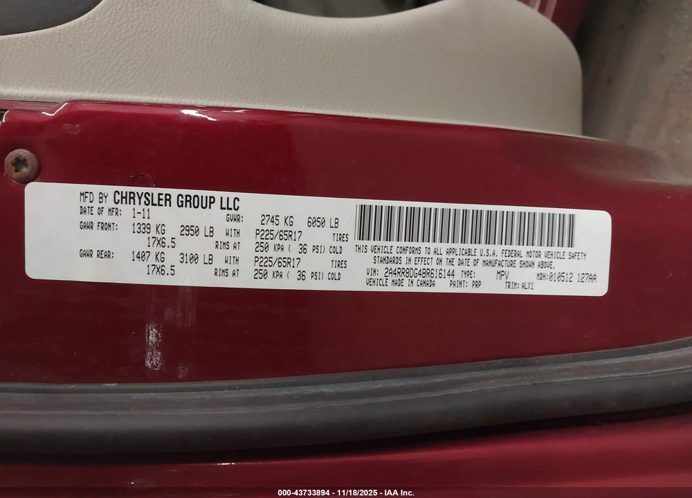 2011 CHRYSLER TOWN & COUNTRY TOURING-L VIN: 2A4RR8DG4BR616144