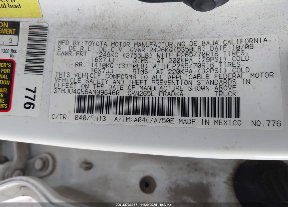 2010 TOYOTA TACOMA PRERUNNER V6 VIN: 3TMJU4GN6AM096460