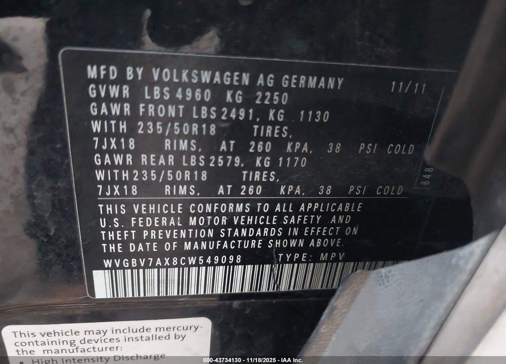 2012 VOLKSWAGEN TIGUAN SE VIN: WVGBV7AX8CW549098