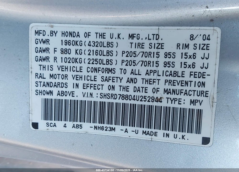 2004 HONDA CR-V EX VIN: SHSRD78804U252944