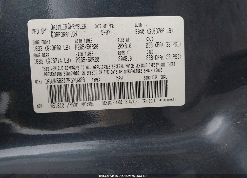 2007 CHRYSLER ASPEN VIN: 1A8HW58217F578029