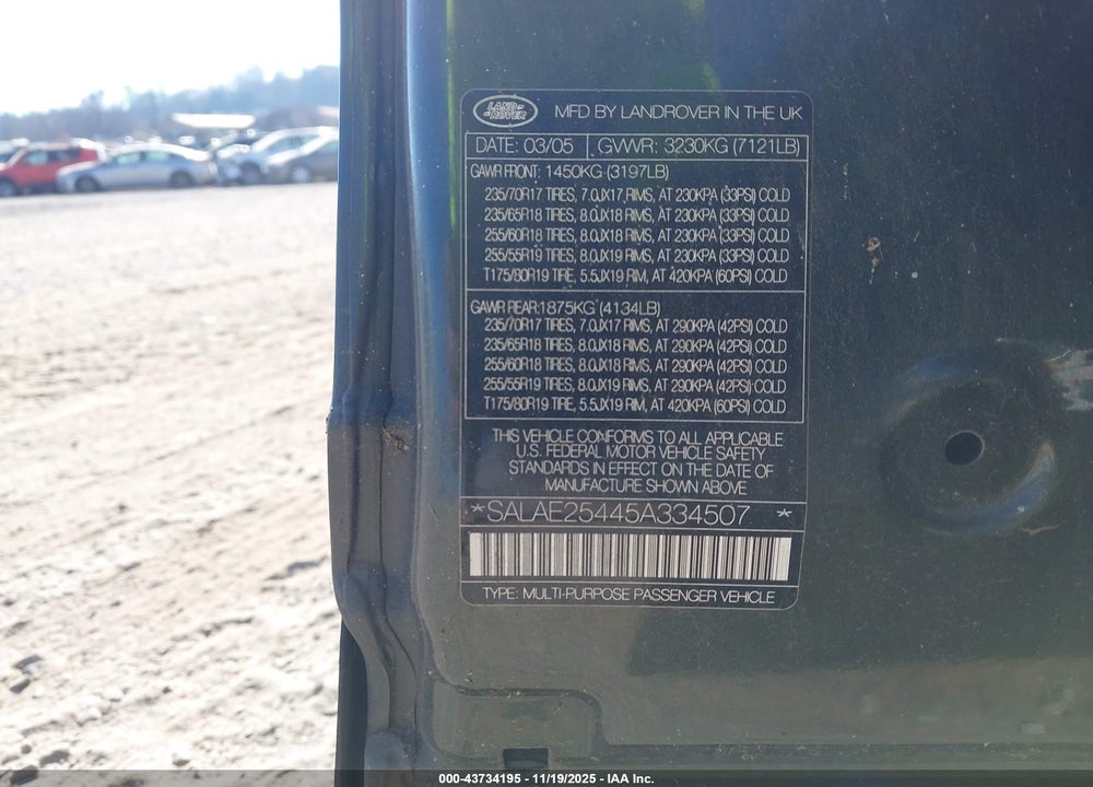 2005 LAND ROVER LR3 SE VIN: SALAE25445A334507
