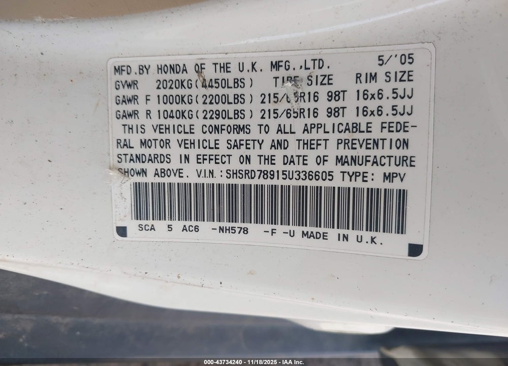 2005 HONDA CR-V SE VIN: SHSRD78915U336605