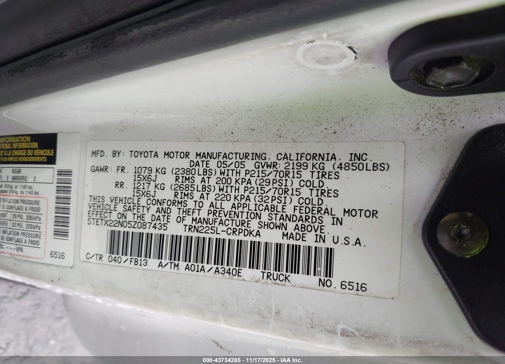 2005 TOYOTA TACOMA VIN: 5TETX22N05Z087435