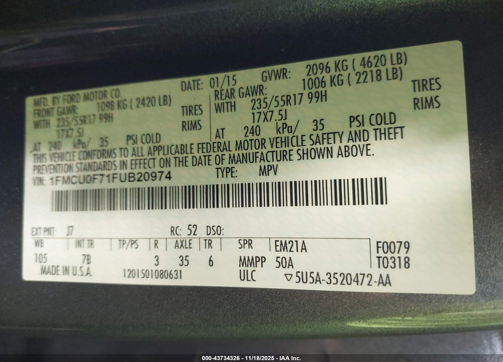 2015 FORD ESCAPE S VIN: 1FMCU0F71FUB20974