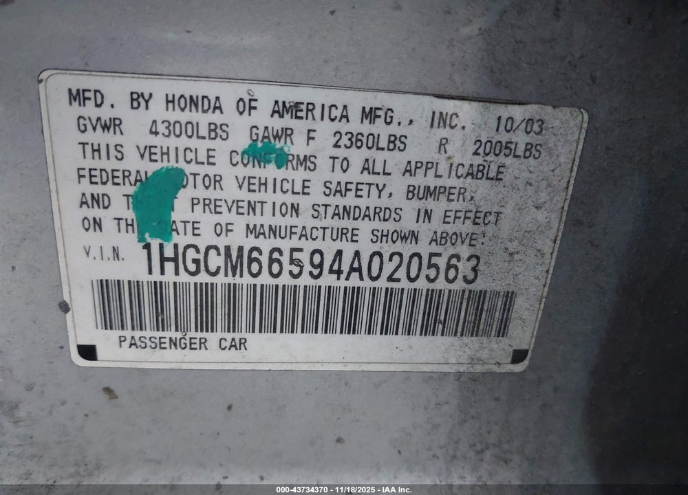2004 HONDA ACCORD 3.0 EX VIN: 1HGCM66594A020563