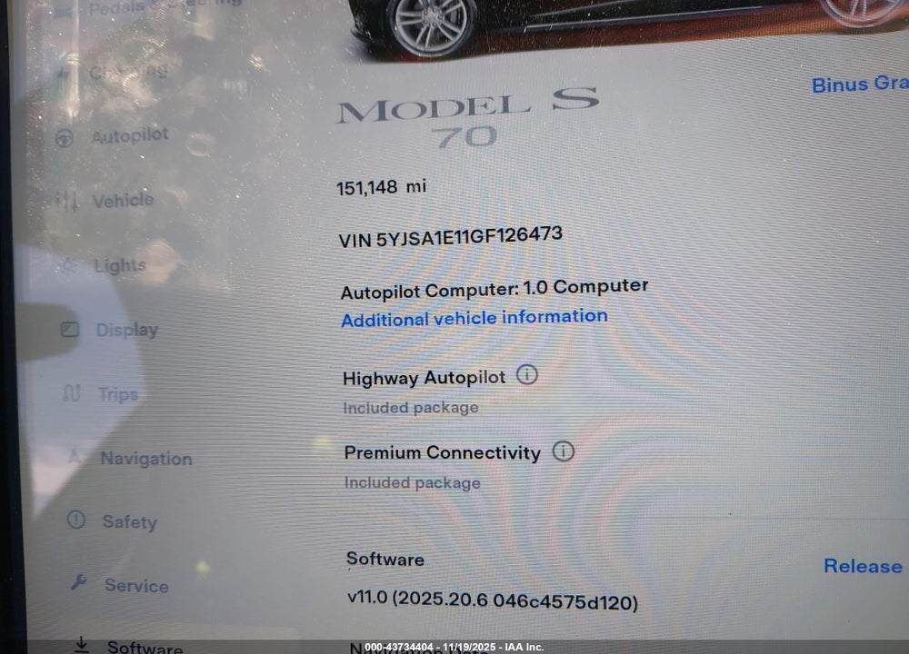 2016 TESLA MODEL S 60/70/75/85 VIN: 5YJSA1E11GF126473