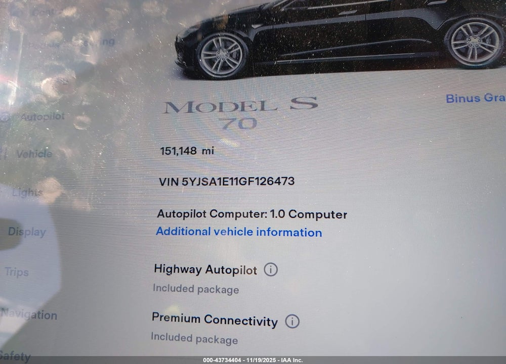 2016 TESLA MODEL S 60/70/75/85 VIN: 5YJSA1E11GF126473
