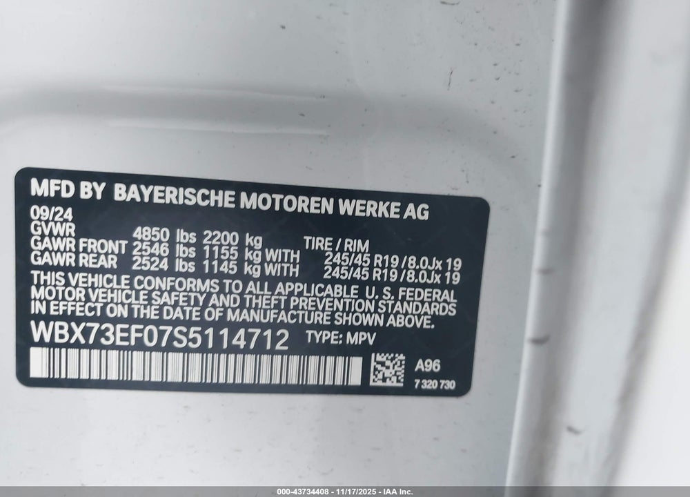 2025 BMW X1 XDRIVE28I VIN: WBX73EF07S5114712