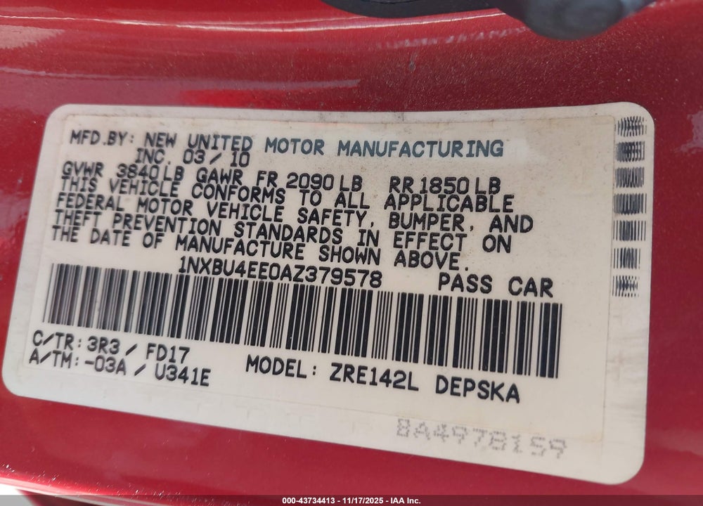 2010 TOYOTA COROLLA S VIN: 1NXBU4EE0AZ379578