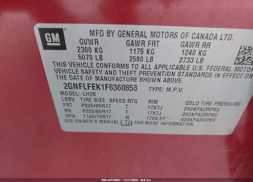 2015 CHEVROLET EQUINOX 1LT VIN: 2GNFLFEK1F6360853