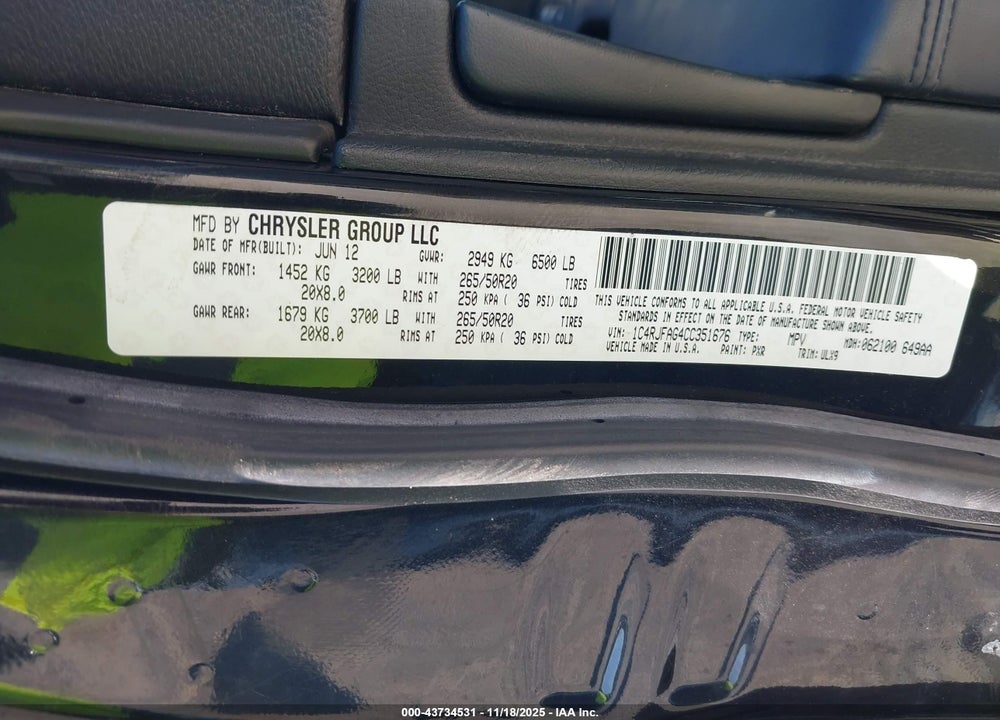 2012 JEEP GRAND CHEROKEE LAREDO VIN: 1C4RJFAG4CC351676