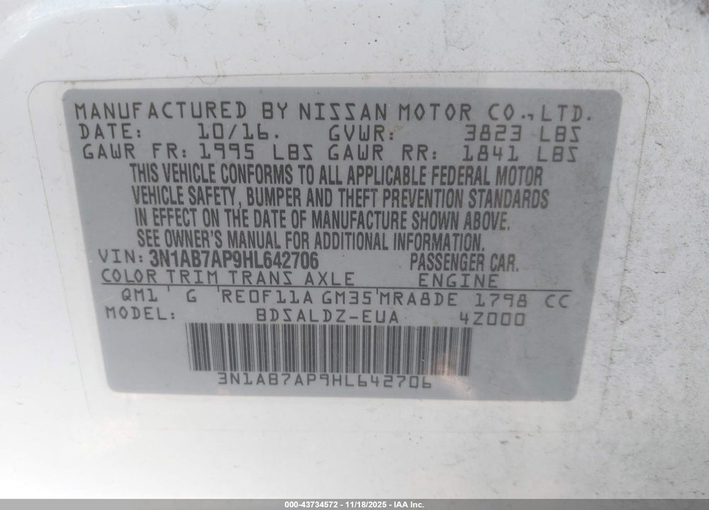 2017 NISSAN SENTRA SV VIN: 3N1AB7AP9HL642706