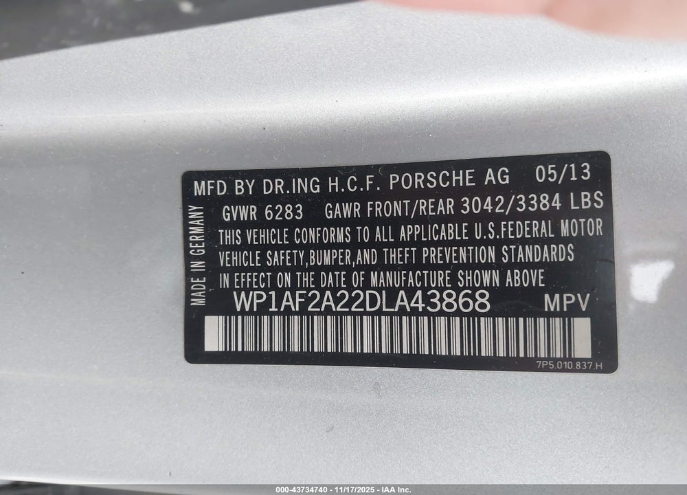 2013 PORSCHE CAYENNE DIESEL VIN: WP1AF2A22DLA43868
