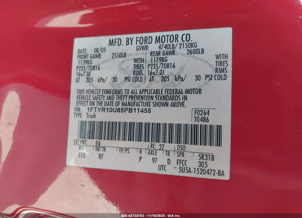 2005 FORD RANGER EDGE/STX/XL/XLS/XLT VIN: 1FTYR10U85PB11458