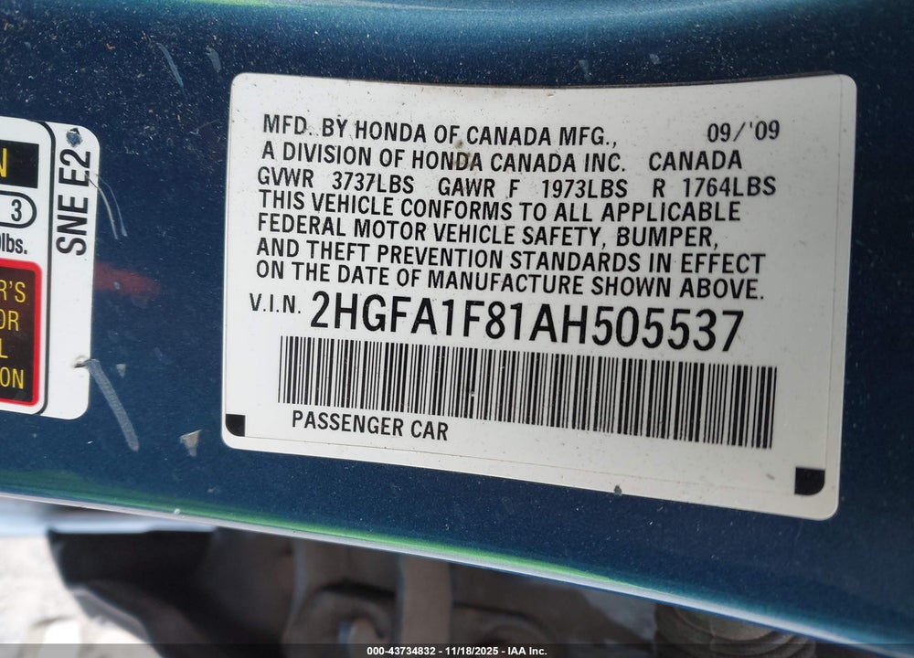 2010 HONDA CIVIC EX VIN: 2HGFA1F81AH505537