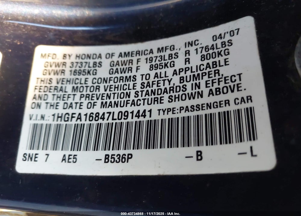 2007 HONDA CIVIC VIN: 1HGFA16847L091441