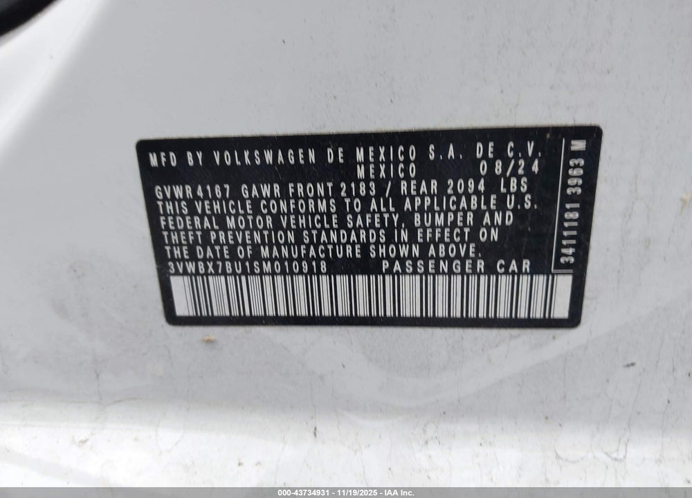 2025 VOLKSWAGEN JETTA VIN: 3VWBX7BU1SM010918