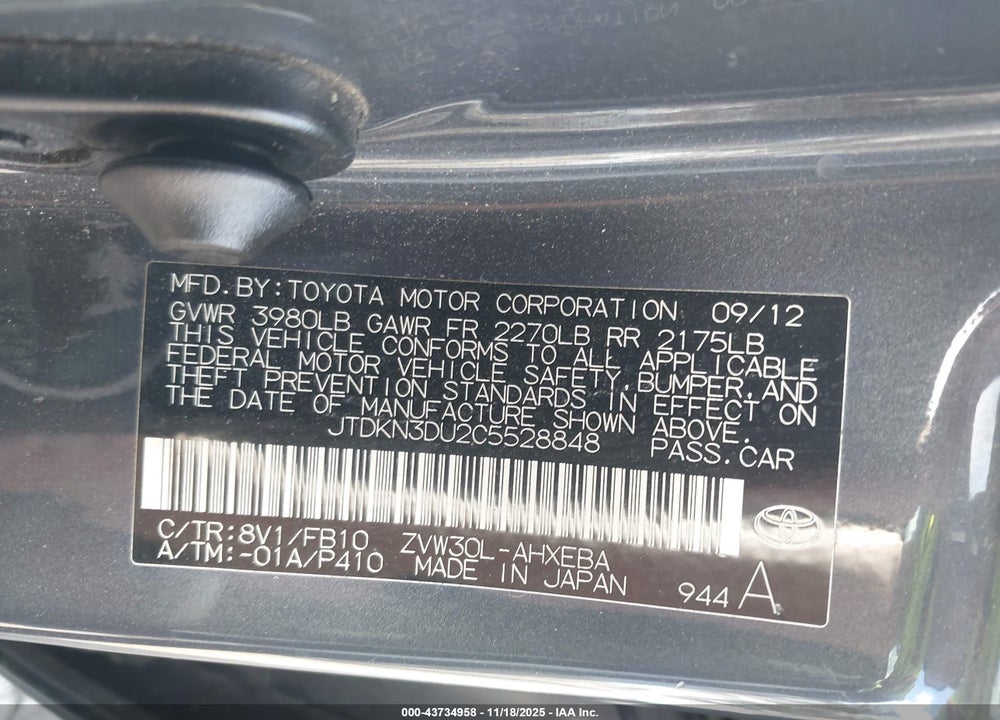 2012 TOYOTA PRIUS VIN: JTDKN3DU2C5528848