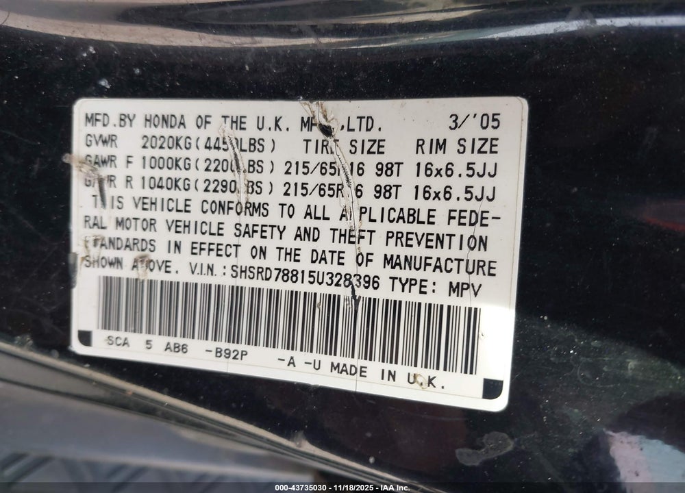 2005 HONDA CR-V EX VIN: SHSRD78815U328396