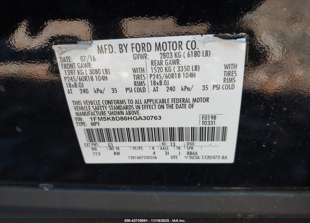 2017 FORD EXPLORER XLT VIN: 1FM5K8D86HGA30763