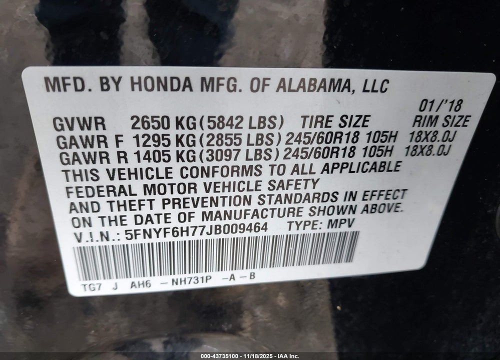 2018 HONDA PILOT EX-L VIN: 5FNYF6H77JB009464