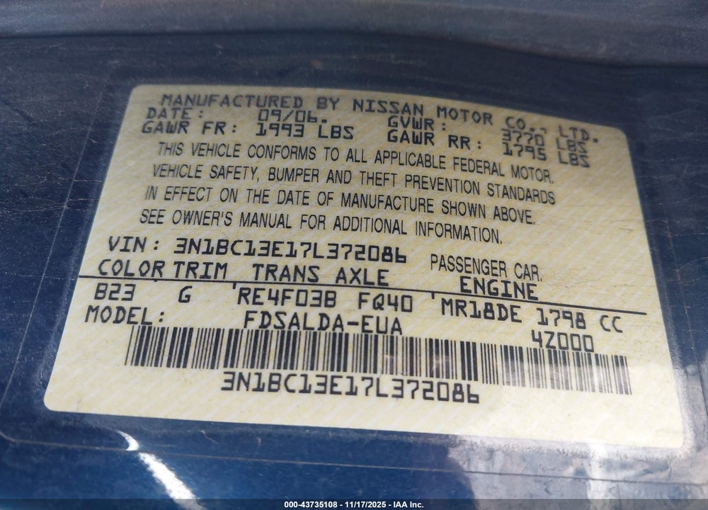 2007 NISSAN VERSA 1.8S VIN: 3N1BC13E17L372086