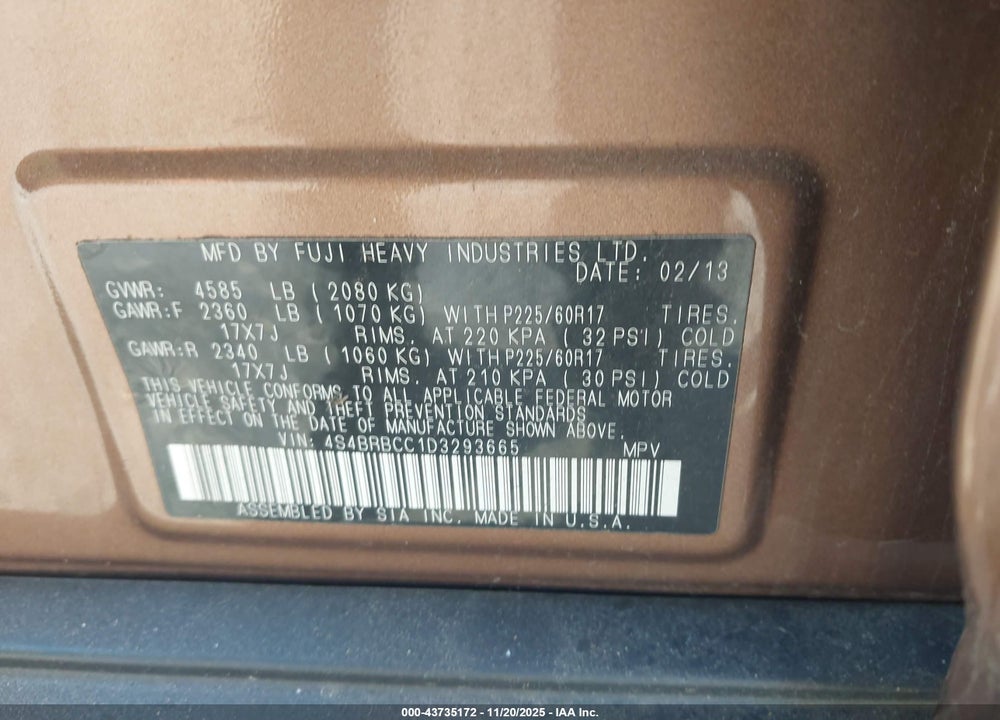 2013 SUBARU OUTBACK VIN: 4S4BRBCC1D3293665