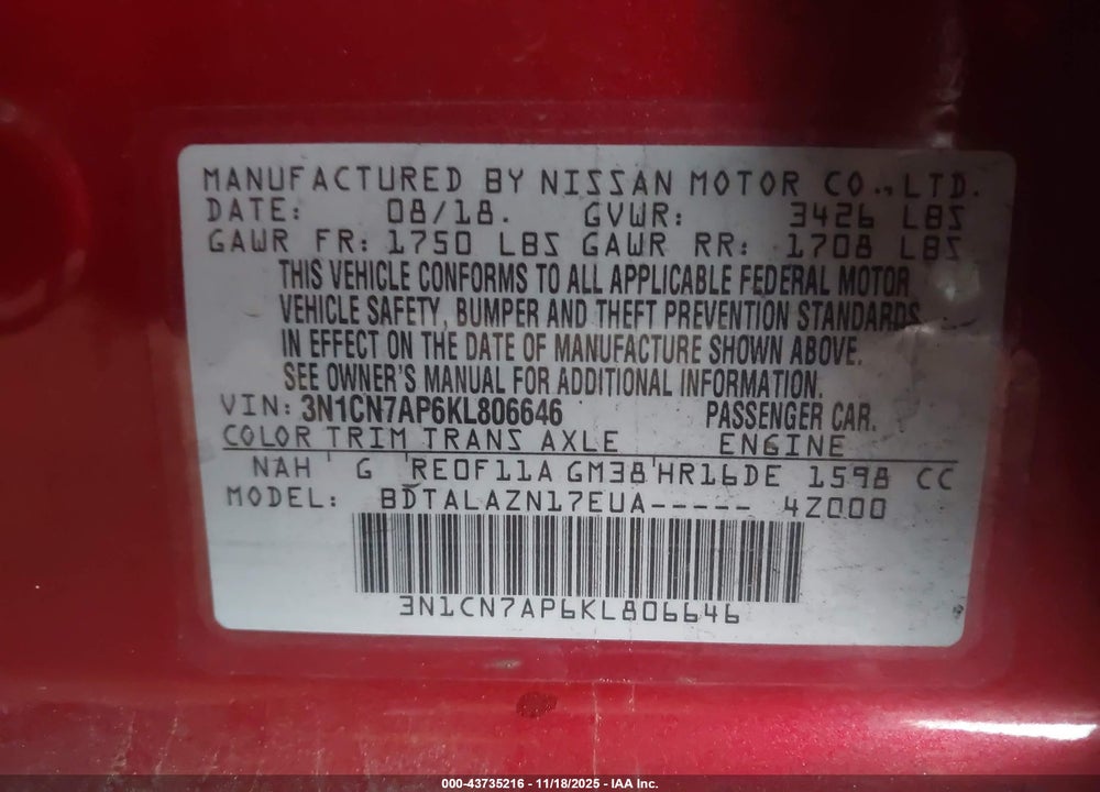 2019 NISSAN VERSA 1.6 S+ VIN: 3N1CN7AP6KL806646