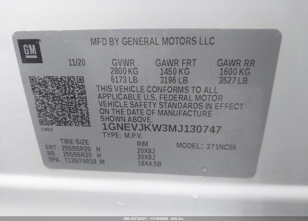 2021 CHEVROLET TRAVERSE AWD RS VIN: 1GNEVJKW3MJ130747