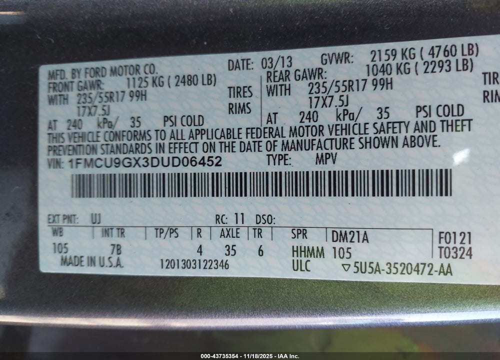 2013 FORD ESCAPE SE VIN: 1FMCU9GX3DUD06452