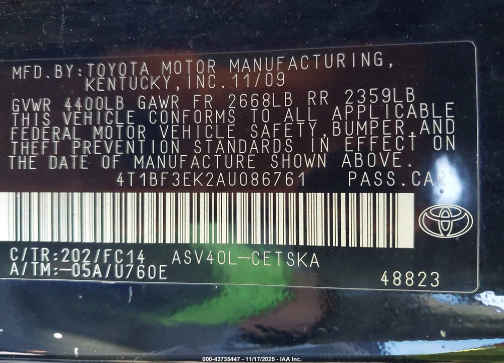 2010 TOYOTA CAMRY SE VIN: 4T1BF3EK2AU086761