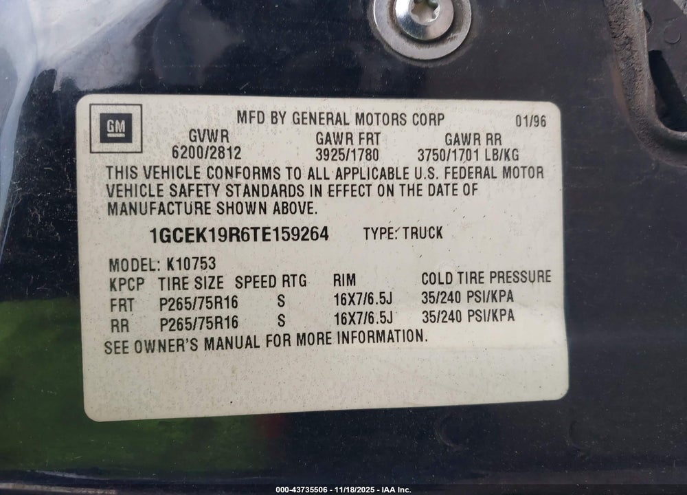 1996 CHEVROLET GMT-400 K1500 VIN: 1GCEK19R6TE159264