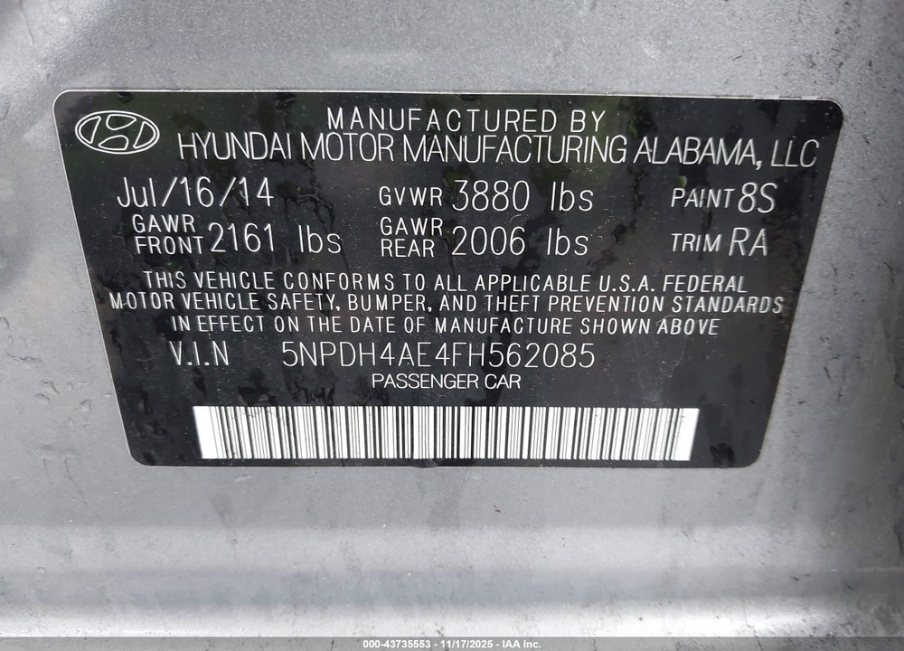 2015 HYUNDAI ELANTRA SE VIN: 5NPDH4AE4FH562085