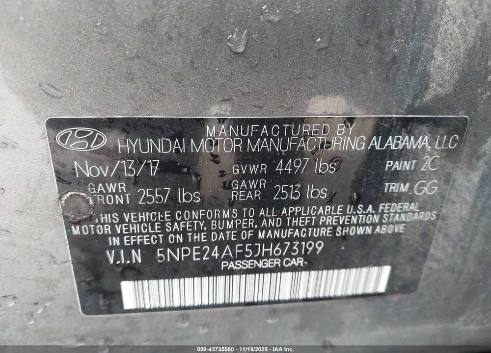 2018 HYUNDAI SONATA SE VIN: 5NPE24AF5JH673199