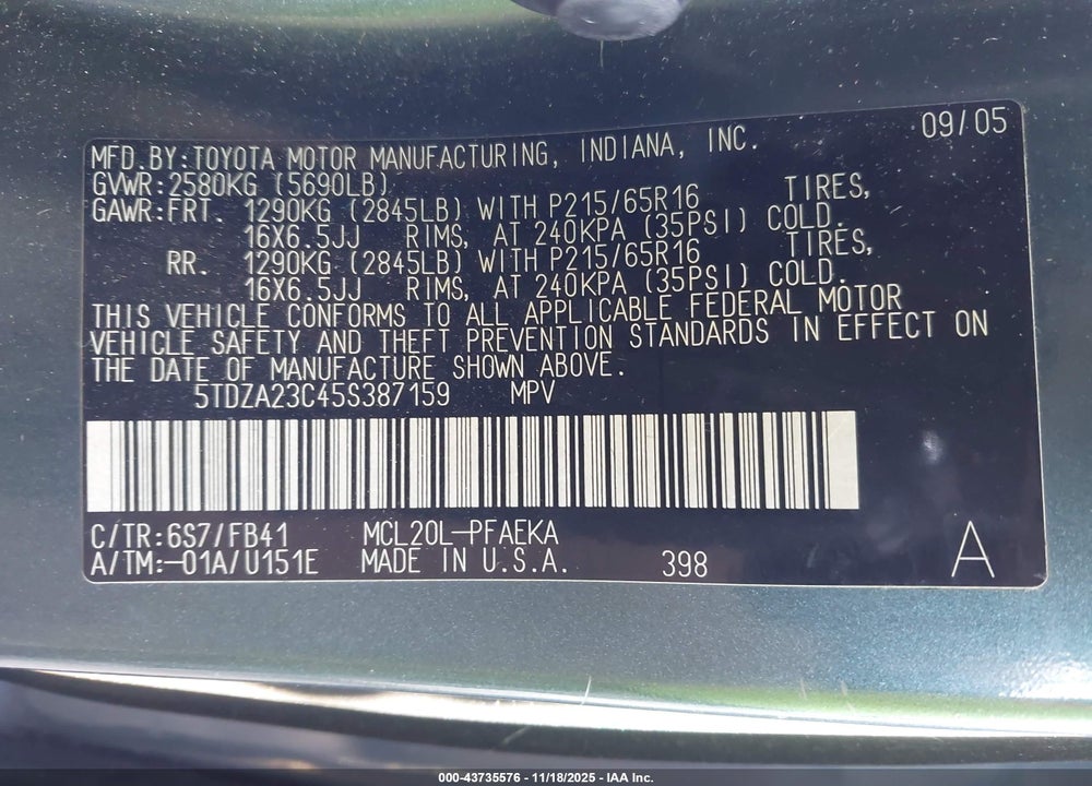 2005 TOYOTA SIENNA LE VIN: 5TDZA23C45S387159