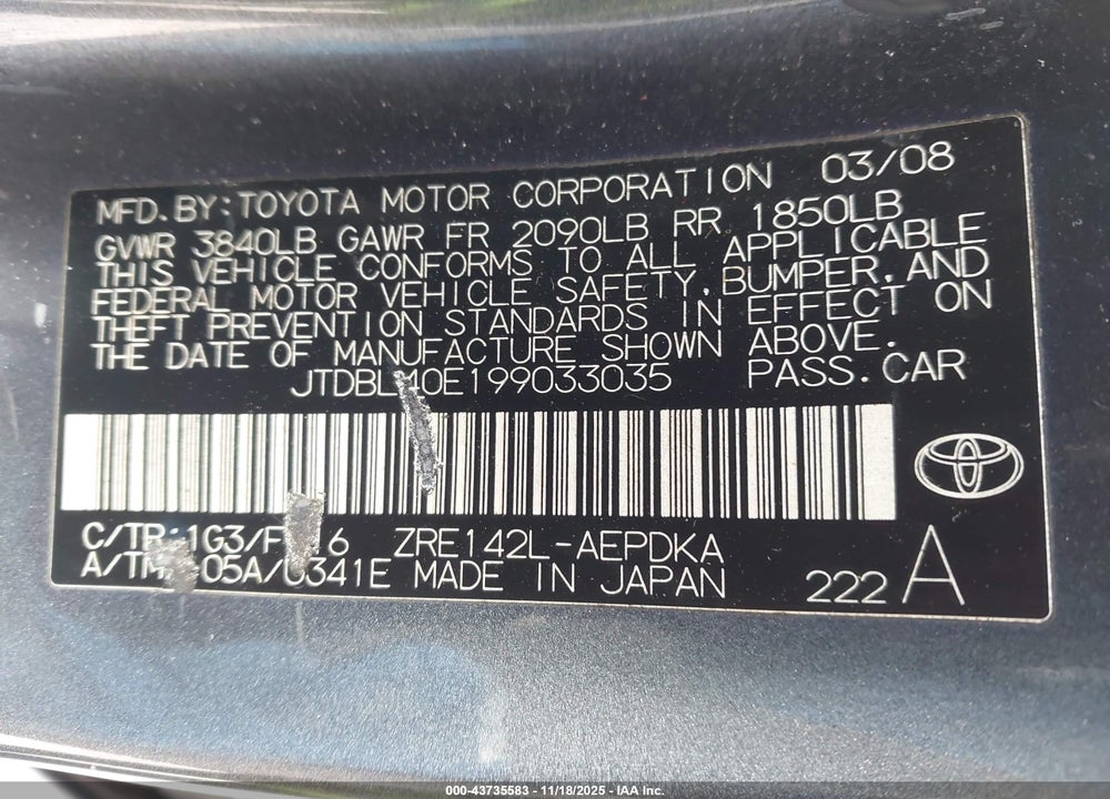 2009 TOYOTA COROLLA LE VIN: JTDBL40E199033035