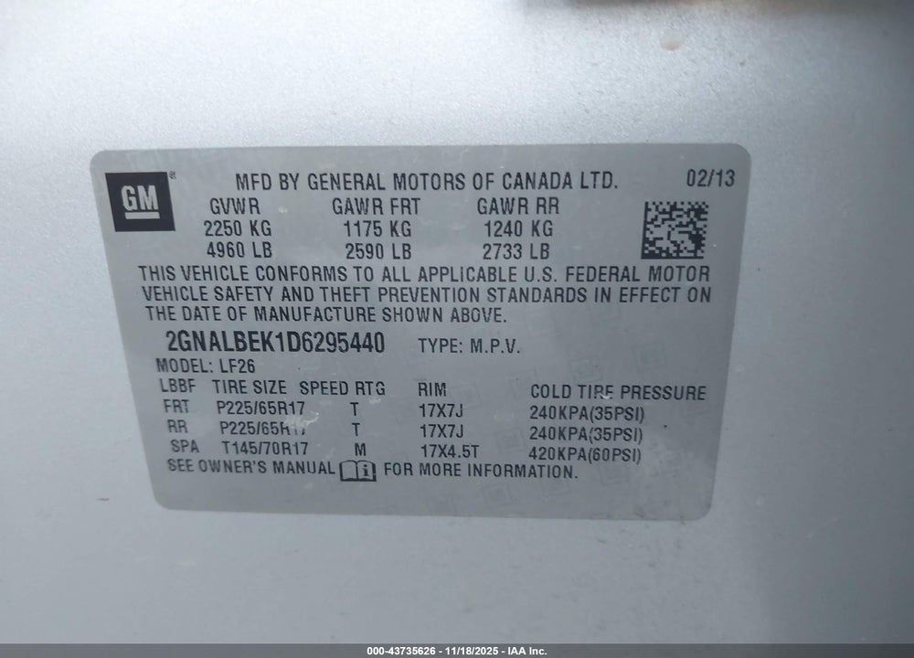 2013 CHEVROLET EQUINOX LS VIN: 2GNALBEK1D6295440
