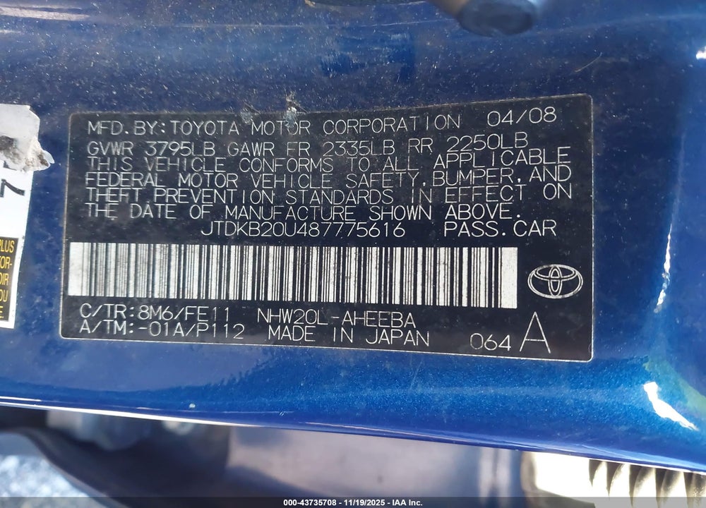 2008 TOYOTA PRIUS VIN: JTDKB20U487775616
