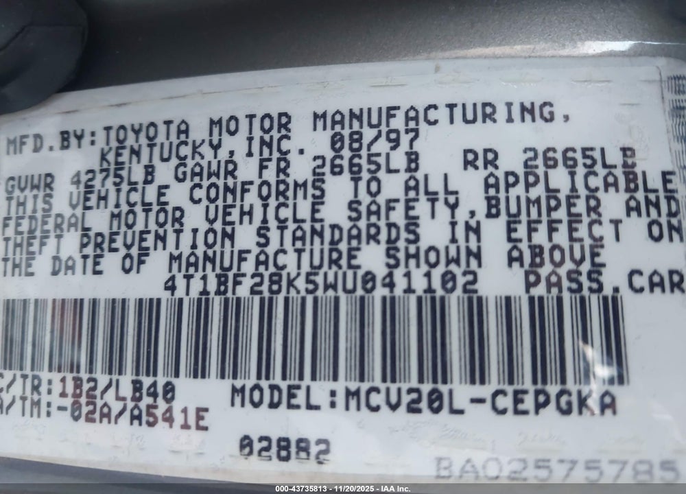 1998 TOYOTA CAMRY XLE V6 VIN: 4T1BF28K5WU041102