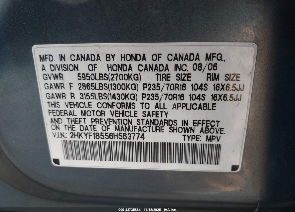 2006 HONDA PILOT EX-L VIN: 2HKYF18556H563774