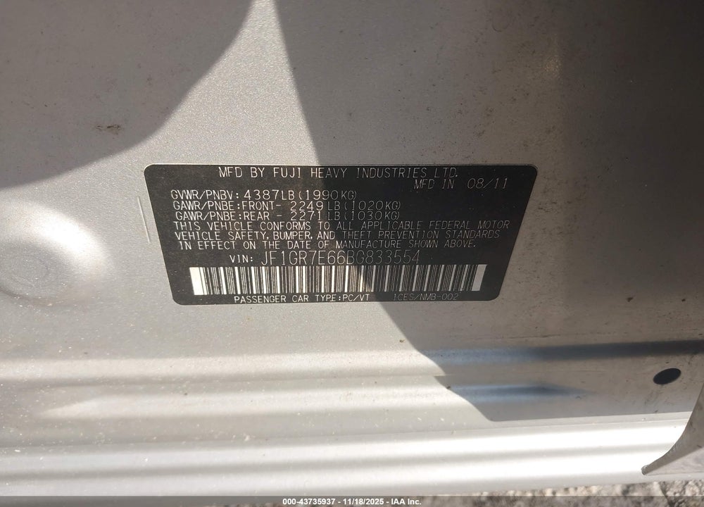 2011 SUBARU IMPREZA WRX LIMITED VIN: JF1GR7E66BG833554